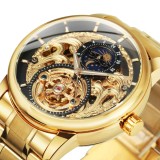 WINNER 514 Ceas Automat Bărbați Skeleton Gold, Tourbillon &amp; Moon Phase