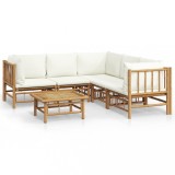 Set mobilier de gradina cu perne alb crem, 6 piese, bambus