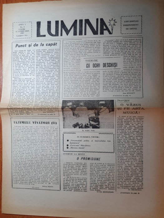 ziarul lumina 16 februarie 1990-anul 1,nr. 5 - ziarul din judetul mehedinti