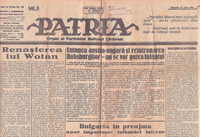 Z872N Patria, 136/1938, organ al Partidului Național Țărănesc, Cluj