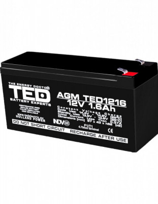 Acumulator AGM VRLA 12V 1,6A dimensiuni 97mm x 47mm x h 50mm F1 TED Battery Expert Holland TED003072 (20) SafetyGuard Surveillance foto