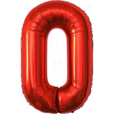 Balon din folie metalizata flippy, figurina cifra, tema aniversare 80 cm, ambalaj individual, pai inclus, umflare cu aer sau heliu, rosu, cifra 0