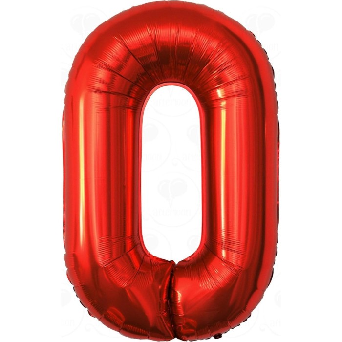 Balon din folie metalizata flippy, figurina cifra, tema aniversare 80 cm, ambalaj individual, pai inclus, umflare cu aer sau heliu, rosu, cifra 0