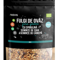 Fulgi de Ovaz Fini Fara Gluten cu Spirulina, Chia si Seminte de Canepa Bio 200 grame Niavis