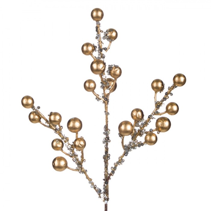 Creangă Decorativă Crăciun, Aurie, 34cm, Paiete Argintii, Pomușoare Aurii