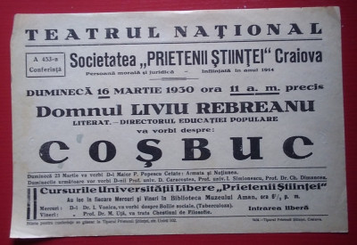 Afiș Conferință Liviu Rebreanu despre COȘBUC - 1930 foto