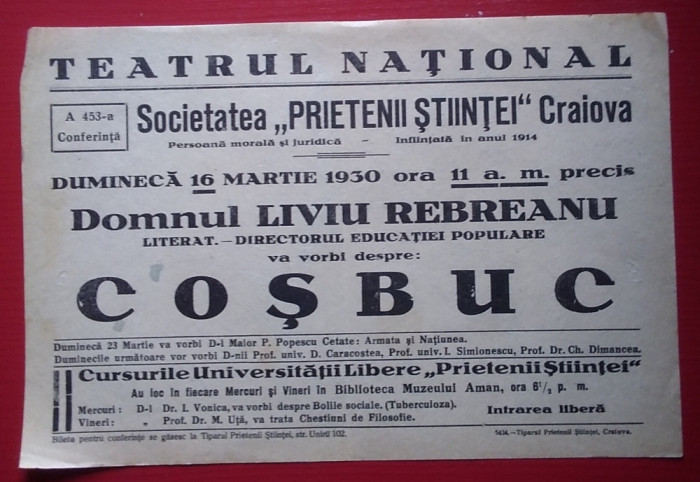 Afiș Conferință Liviu Rebreanu despre COȘBUC - 1930