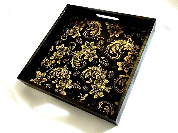 tava lemn decorata negru cu auriu 46207