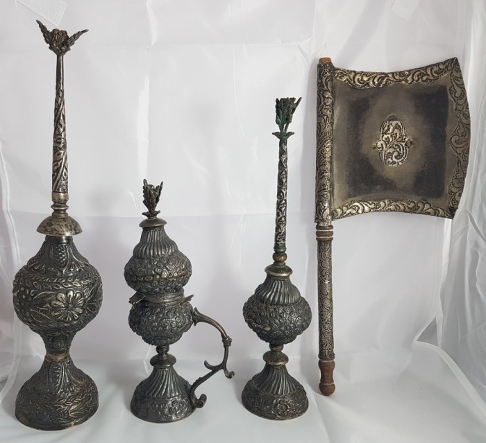 Piese rare! Set vechi din argint Tunisia pentru ceremonie/ apa de trandafiri- sf.sec.XIX