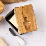 Cutie pentru unt din ceramica, untiera, neagra, cu capac din lemn de salcam si cutit, Klausberg