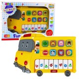 Pian educational autobuz galben, 6 butoane cu animale, 8 clape muzicale, 23 x 18 x 6 cm, Lean 23717