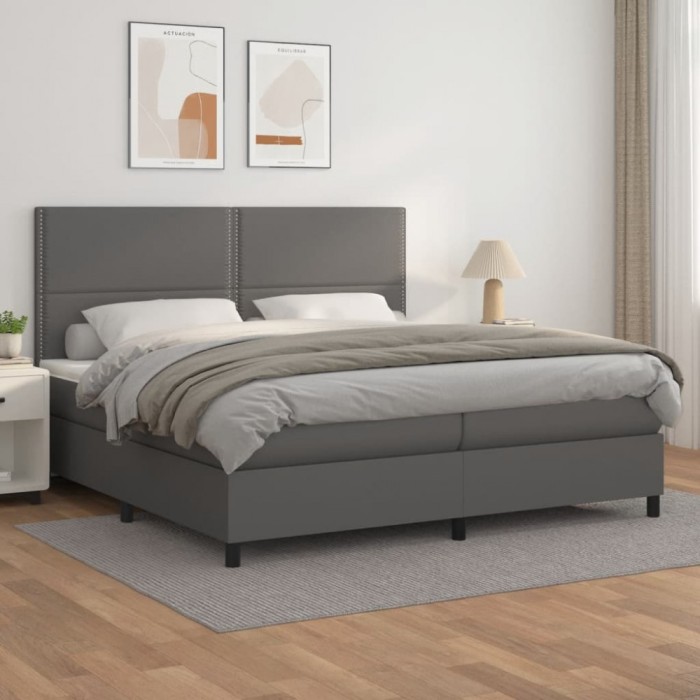 vidaXL Pat box spring cu saltea, gri, 200x200 cm, piele ecologică 3142807