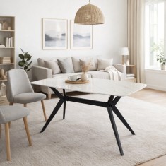 Masa living si bucatarie Elegant FDT4, blat ceramica, cadru metalic, 6 persoane, 140x80x75 cm, alb gri