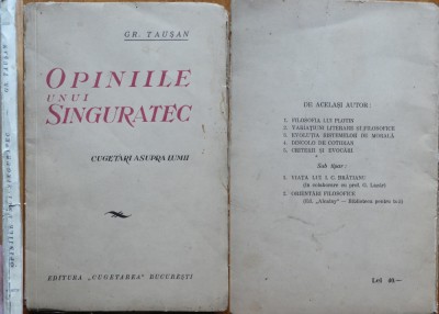 Gr. Tausan, Opiniile unei singuratec, 1938, cu autograf foto
