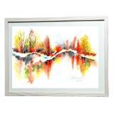 E164. Tablou inramat, Peisaj de toamna semi-abstract, acuarela, hartie, 42x32 cm, Suprarealism, RavariuArt