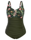 Monocini de plajă pentru femei Hanna Nikole, mărime plus, fără m&acirc;neci, stilat, costum de baie dintr-o singură piesă, verde măsliniu cu flori, 42