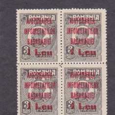 1923 ROMANIA Infometatii Basarabiei timbru 1 Leu / 3 bani bloc 4