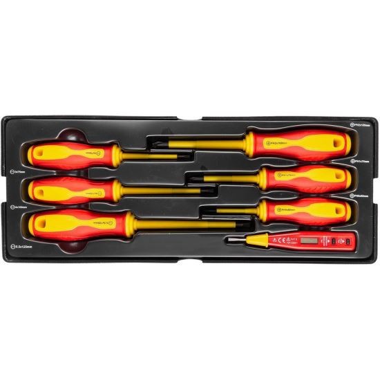 Set surubelnite izolate, late si cruce, cu creion de faza, sertar TIP A (385x150 mm) pentru dulap mobil, PH0-2, 3-5.5 mm, 60-125 mm, 7 elemente, RICHM