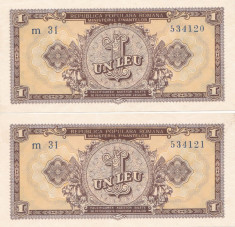 ROMANIA 2 X 1 LEU 1952 XF CONSECUTIVE foto