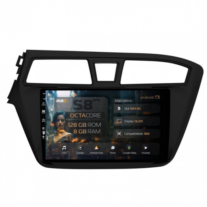 Navigatie Hyundai I20 (2014-2018) 8GB RAM Android 13 Octacore Slot Sim 4G DSP GPS Wi-FI Carplay Android Auto USB Bluetooth Waze Touchscreen 9 Inch