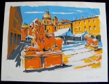 Piazza del Duomo / Reggio Emilia - litografie originala, guasa semnata 36,5x28cm