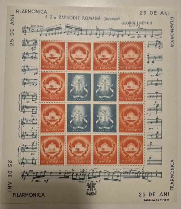 ROMANIA 1946 - 25 ANI INFIINTARE FILARMONICA ROMANA - 2 COLI CU VINIETE MNH