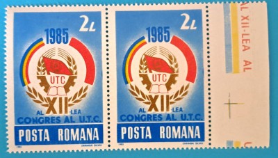 TIMBRE ROM&amp;Acirc;NIA LP1125/1985 Congresul XII U.T.C. -Serie &amp;icirc;n pereche -MNH foto