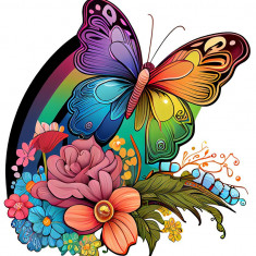Sticker decorativ, Fluture, Curcubeu si Flori, Multicolor, 68 cm, 1210STK-1