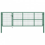 Poartă gard de grădină cu st&acirc;lpi, verde, 350 x 100 cm, oțel