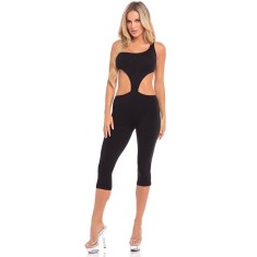 ONE SHOULDER CROPPED CATSUIT BLACK, Pink Lipstick - M/L