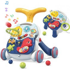 Antemergator interactiv cu sunete si lumini 3 in 1 WePro Store, Inaltime si viteza reglabile, Masuta si tabla Interactiva, Cos pentru mingi, Jucarii z