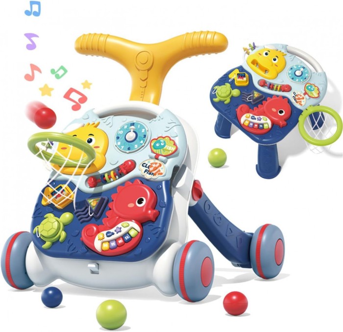 Antemergator interactiv cu sunete si lumini 3 in 1 WePro Store, Inaltime si viteza reglabile, Masuta si tabla Interactiva, Cos pentru mingi, Jucarii z