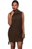 Rochie Tricotata Scurta Verde Masliniu, Guler Inalt, Stil Pulover cu Snur. Casual, Fara Maneci. Marimi: L, M/L