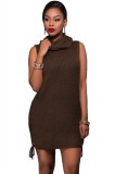 H524-1218 Rochie scurta stil pulover tricotat cu guler inalt