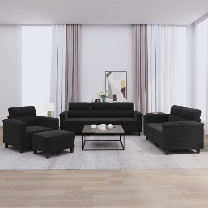 vidaXL Set de canapele cu perne, 4 piese, negru, microfibră