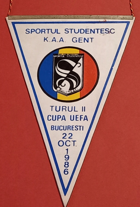 Fanion meci fotbal SPORTUL STUDENTESC Bucuresti-KAA GENT (22.10.1986)