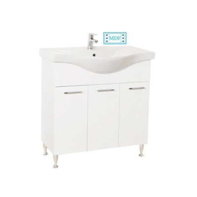 Baza si lavoar ceramic GN1531, mobilier baie stativ 80 cm, front MDF, 3 usi, balamale soft close, picioare cromate reglabile, alb foto