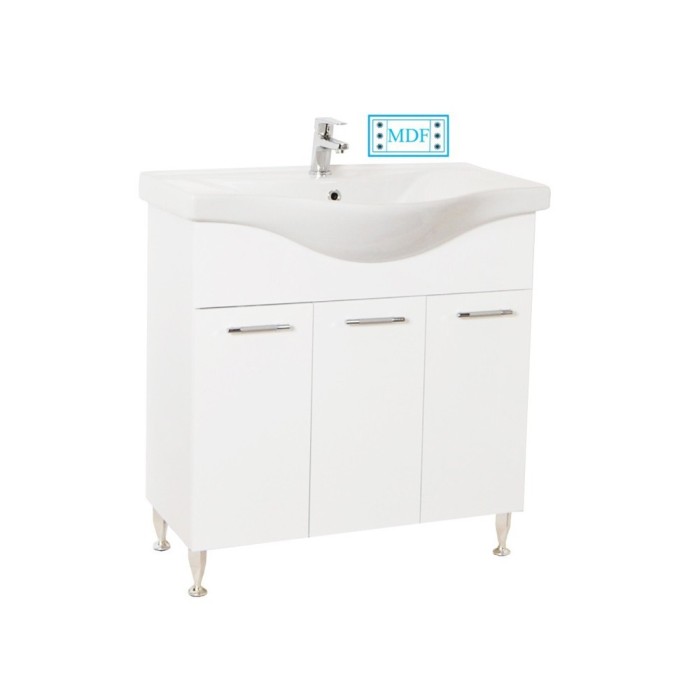 Baza si lavoar ceramic GN1531, mobilier baie stativ 80 cm, front MDF, 3 usi, balamale soft close, picioare cromate reglabile, alb