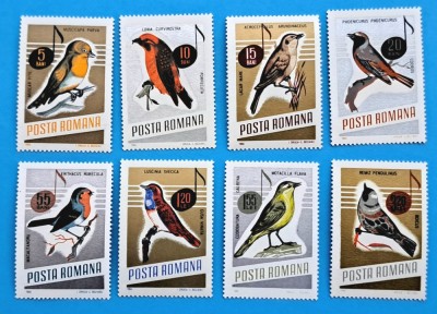 TIMBRE ROM&amp;Acirc;NIA LP 630/1966 PĂSĂRI C&amp;Acirc;NTĂTOARE- Serie simplă MNH foto