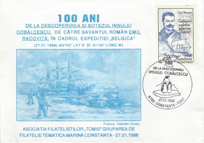 Rom&acirc;nia, 100 de ani de la descoperirea insulei Cobălcescu, plic, Constanţa, 1998