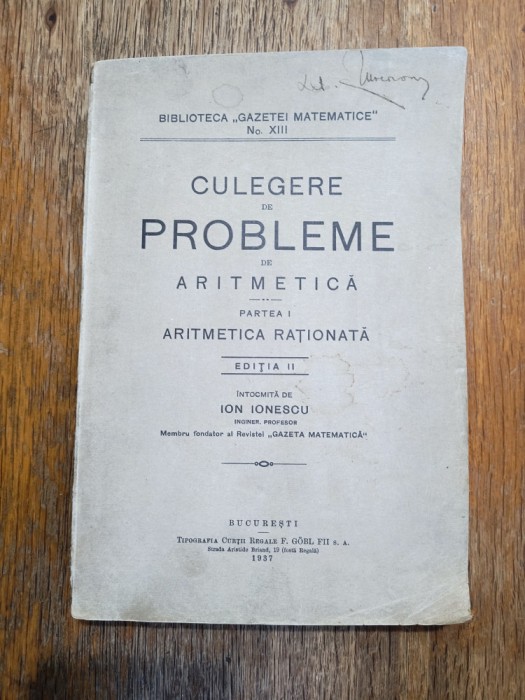 Culegere de probleme de Aritmetica - Ion Ionescu, 1937 / R5P4S