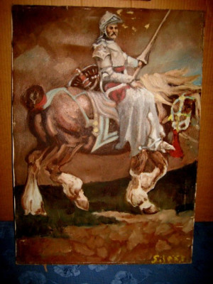 A762-Tablou Cavaler medieval in armura pe cal. Ulei pe panza 70/ 50 cm. foto