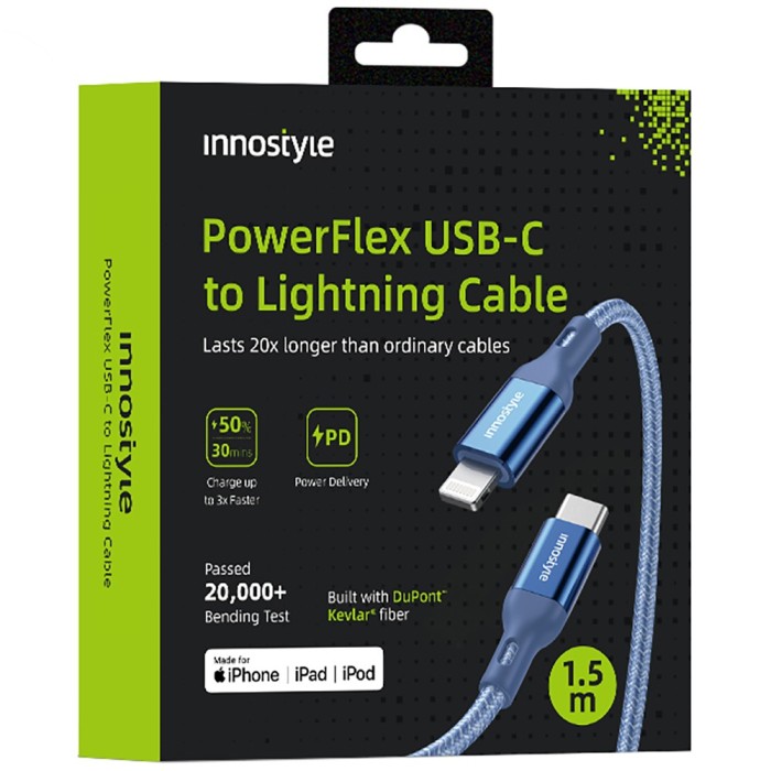 Innostyle Powerflex Usb-C Lightning Mfi Cablu De &Icirc;ncărcare Rapidă Pentru Iphone Kevlar 2M Albastru