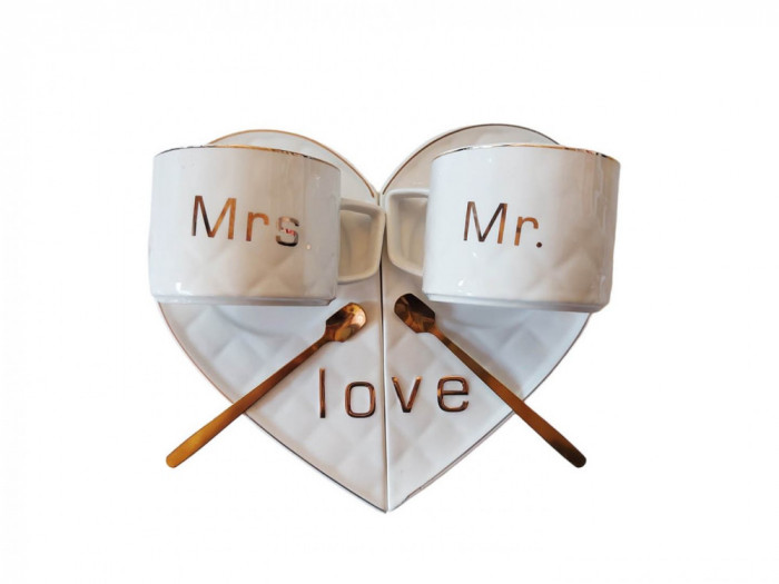 Set 2 cesti de cafea cu suport in forma de inima, Love, Mr, Mrs, Alb, 106MK