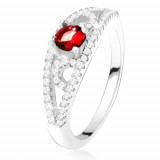 Inel argint 925, zirconiu rotund, roşu, linii de ştrasuri transparente - Marime inel: 54