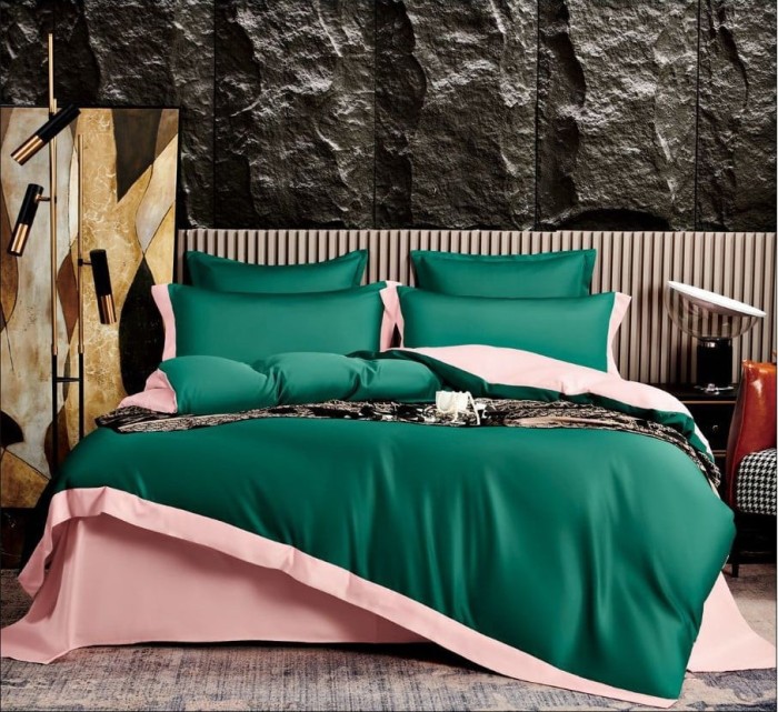 Lenjerie din matase,pat dublu,6 piese,verde roz-A862