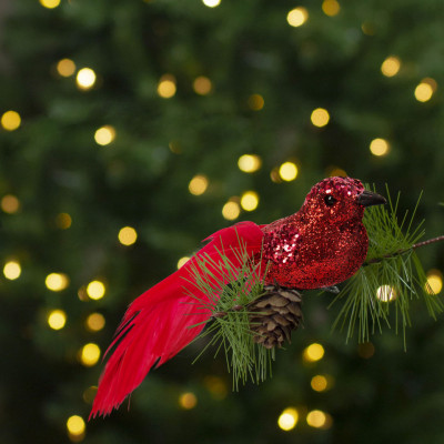 Ornament de Crăciun - pasăre cu sclipici - cu clemă - roșie - 2 buc/pachet foto