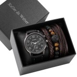 Cumpara ieftin Set Cadou Barbati Migeer: Ceas Quartz Negru, Curea Piele Eco Maro + 3 Bratari Negre/Maro, Cutie Cadou Inclusa