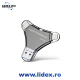 Stick Memorie USB 3.0, KATITFENXK, 128GB, Flash Drive 4 in 1, Adaptor Type-A, Type-C, Lightning, USB-A, Conecteaza si foloseste, Gri