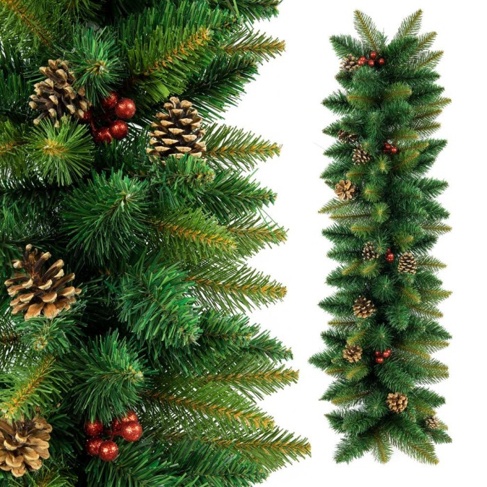 Ghirlanda de Craciun 1m din Crengute de Brad Artificial cu Conuri Naturale si Fructe Holly, Lungime 100cm, Diametru Bogat 35cm